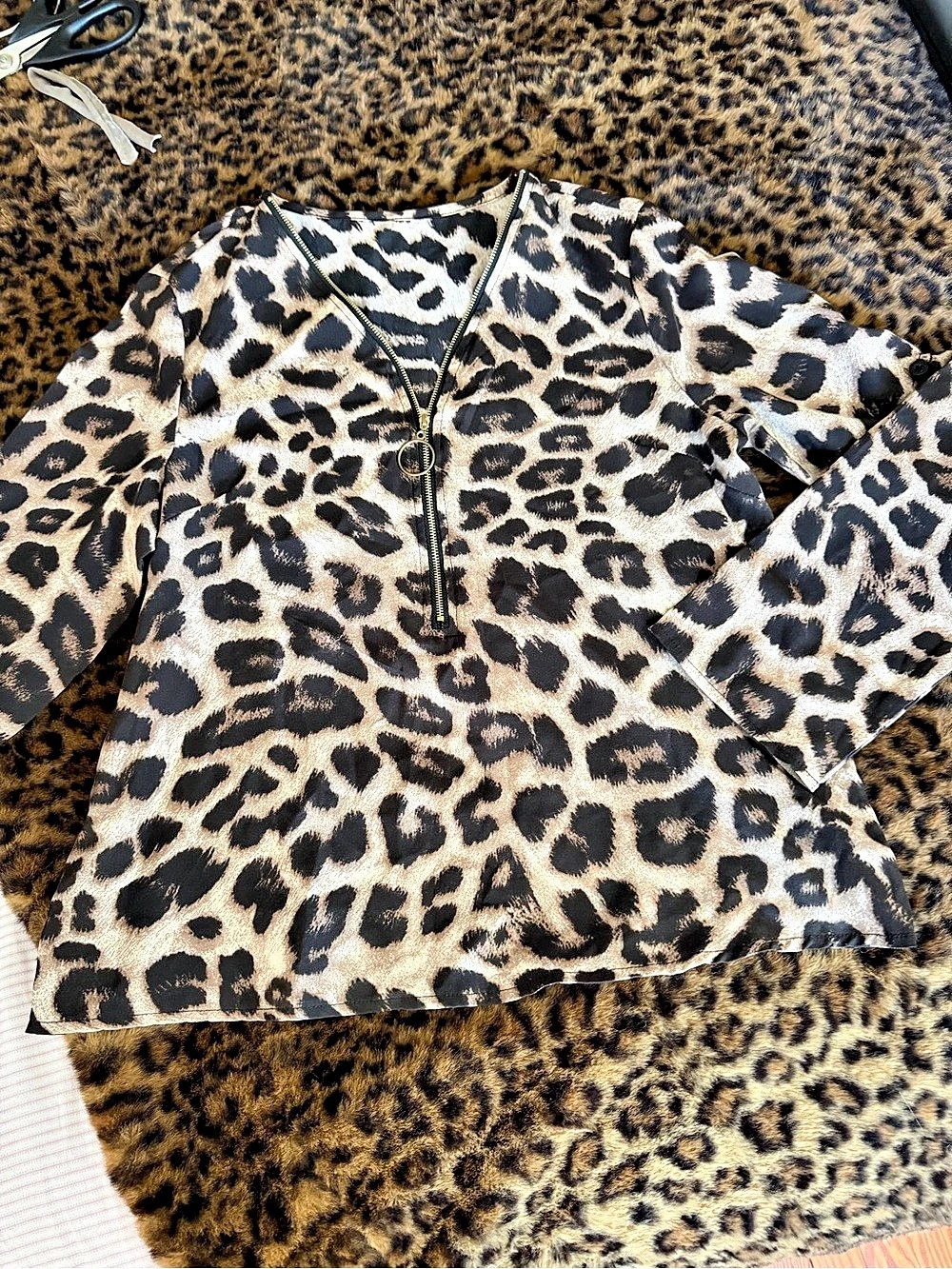 Cheetah Print Zip Neck Long Sleeve Blouse